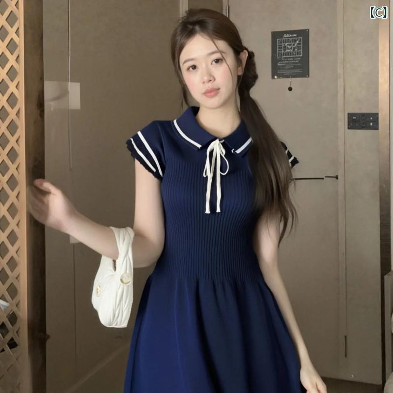 ワンピース レディース 韓国ファッション スウィート かわいい 若見え スクール風 プレッピー ポロ襟 フリル袖 半袖 ニット リボン ウエストマーク スリムフィット ミニ丈 切り替え ポリエステル 清涼感 快適 カジュアル デイリー 普段使い 春夏 3