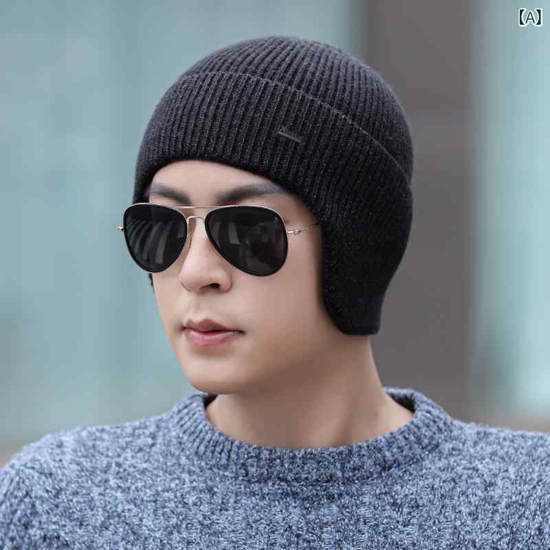 Cap, Hat - ニット帽 メンズ 秋冬 防寒 保温 厚手 暖かい 耳当て付き 伸縮性 アウトドア サイクリング バイク スキー スノーボード ビーニー ワッチキャップ ポリエステル 丸型