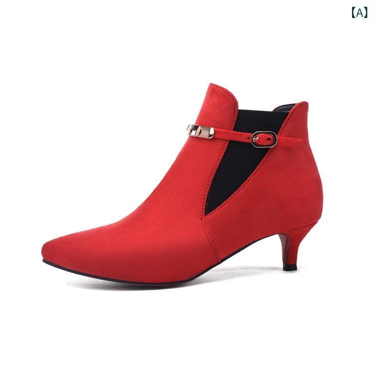 ショートブーツ レディース ライダーブーツ メタルバックル プルオン ポインテッドトゥ コーンヒール ..