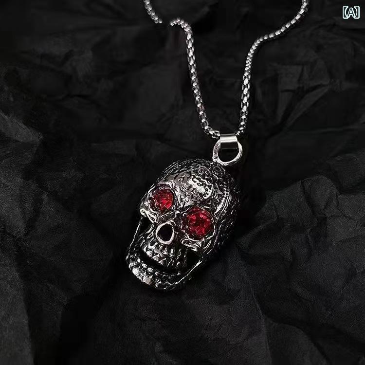 ネックレス ユニセックス ハロウィン スカル ドクロ 赤い目 ゴーストヘッド ステンレス ペンダント ヒップホップ ストリート レトロ アクセサリー
