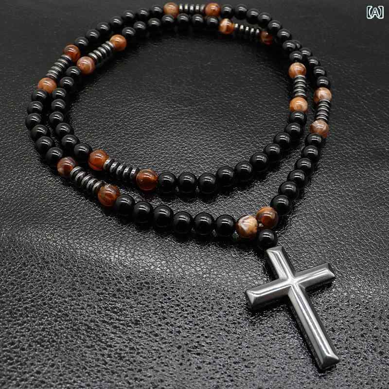 Men'S Accessories - ネックレス メンズ レディース 天然石 タイガーアイ 火山石 クロス 十字架 ペンダント O字チェーン 多層 ファッション アクセサリー カジュアル
