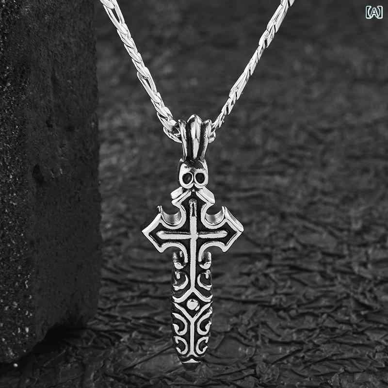 ネックレス メンズ 男性用 スカル ドクロ クロス 十字架 ペンダント 個性的 レトロ ビンテージ チタン..