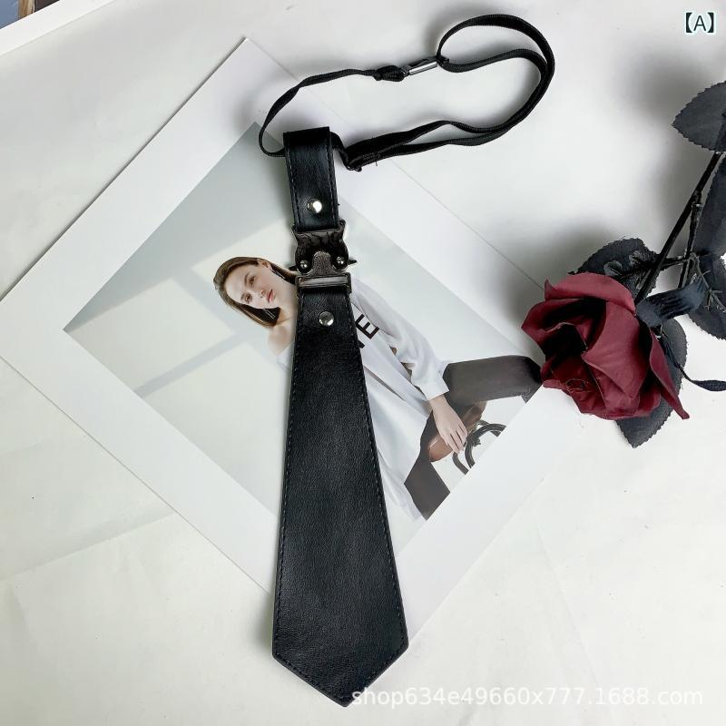 ネクタイ レディース 春夏 メタリック ブラック 黒 レザー 革 剣先 結ばない 簡単装着 おしゃれ トレンド ストリート カジュアル ビジネス 万能 着回し 韓国ファッション