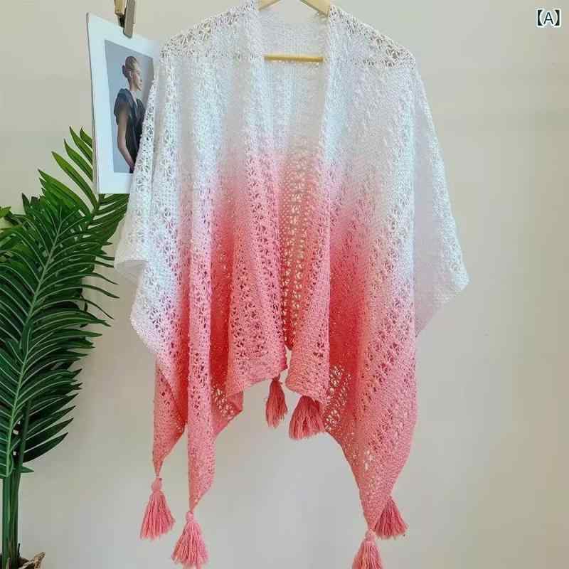 ショール レディース グラデーション 透かし編み ニット ストール ポンチョ ケープ ポリエステル 春夏..