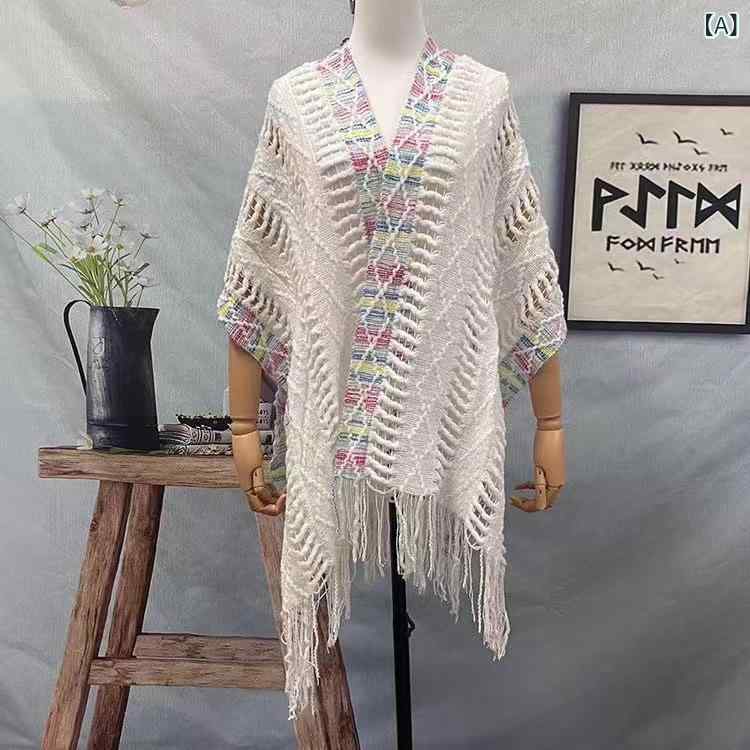 ショール レディース ポンチョ ストール 民族調 レトロ エスニック 旅行 トラベル ひし形 チェック柄 ニット フリンジ 羽織り ゆったり..
