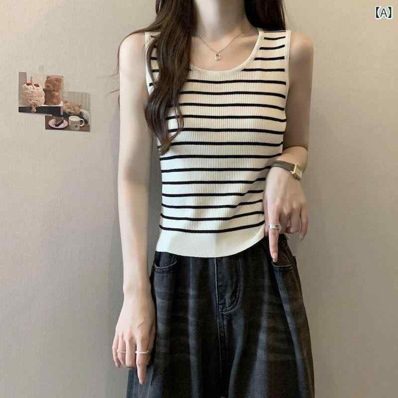 タンクトップ レディース ノースリーブ ゆったり 大きいサイズ ストライプ ボーダー ニット インナー 重ね着 春夏 体型カバー 着痩せ効果 レーヨン素材 伸縮性抜群 デイリー使い 上品 きれいめ カジュアル 白 黒(4)