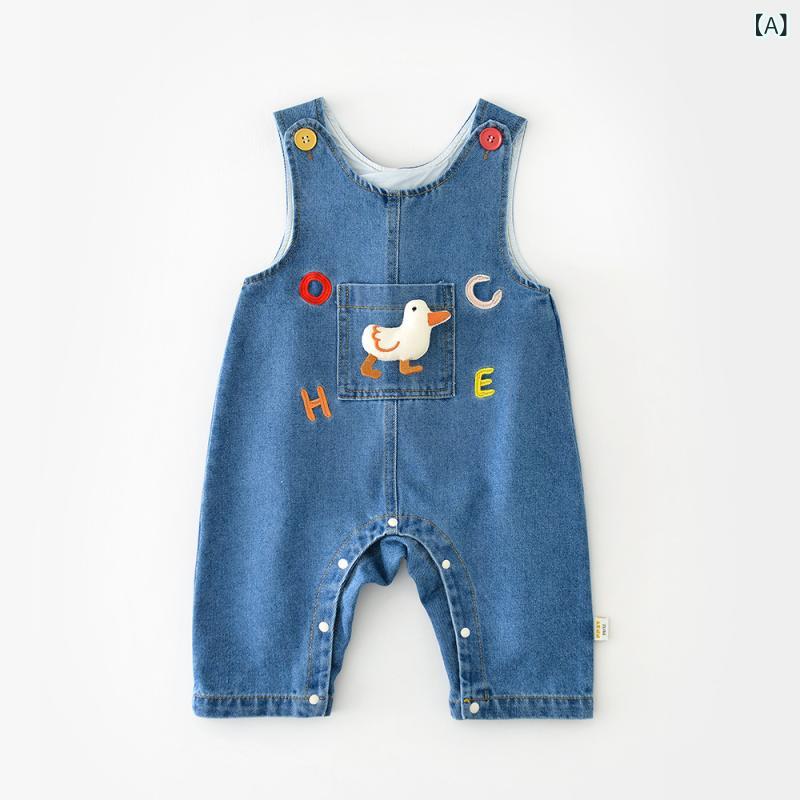 パンツ ベビー 子供 春秋 デニム オーバーオール サロペット アヒル柄 カートゥーン 動物柄 綿 コット..