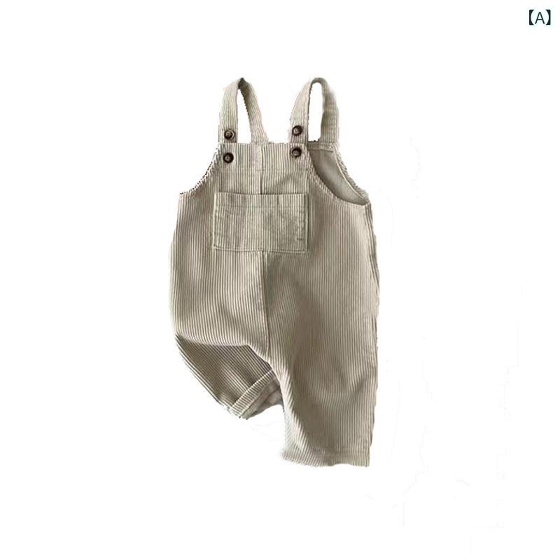 Overalls - サロペット ベビー キッズ 男女兼用 コーデュロイ オーバーオール 幼児服 韓国系 カジュアル おしゃれ 春秋 長ズボン ハイウエスト 無地 ソフト加工 ポリエステル 多色展開
