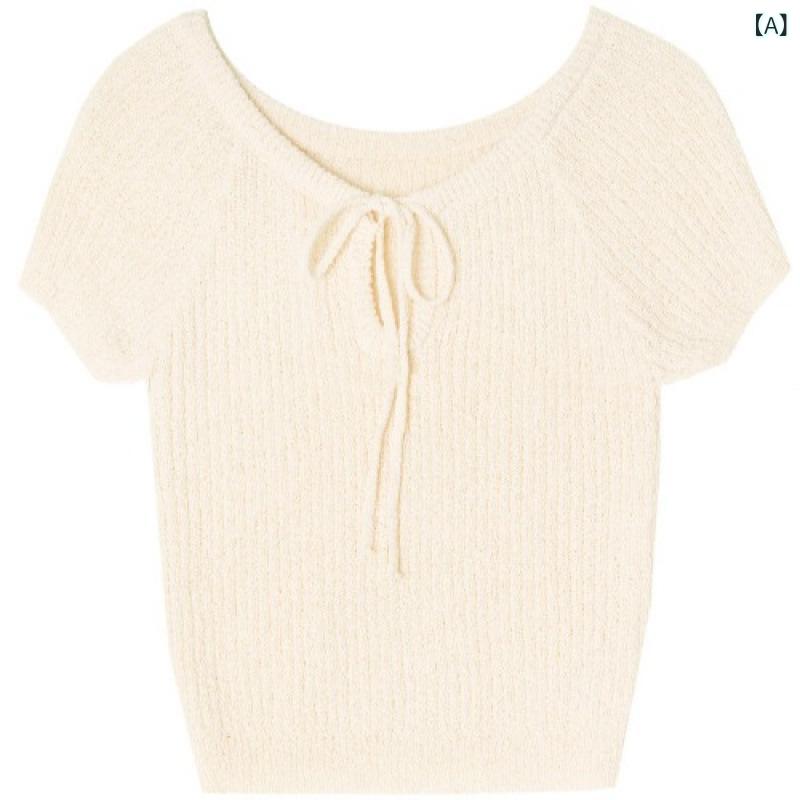 T-Shirts - ニット レディース 春夏 スクエアネック デコルテ見せ レースアップ リボン ロングスリーブ ブークレープルオーバー フェミニン 清楚感 ヘルシー肌見せ トレンド おしゃれ スリムフィット ポリエステル