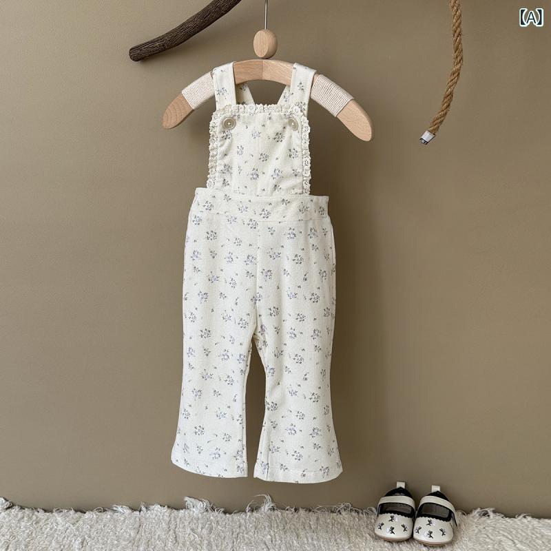 サロペット 女の子 ベビー キッズ 北欧風 小花柄 オーバーオール 春秋 ロング丈 ポリエステル かわいい 森ガール風 お出かけ 普段使い カジュアル 着回し アイボリー