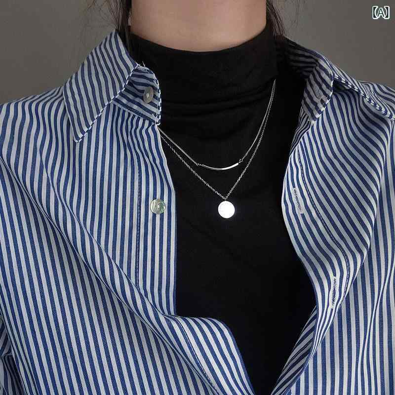 T-Shirts - シャツ レディース 女性用 ブルー 青 ストライプ柄 縦縞 長袖 ポロ襟 コットン 綿 ボタン 秋冬 レイヤード 重ね着 羽織り ゆったり ビッグシルエット ルーズ ヴィンテージ レトロ カジュアル デザイン ブラウス トップス