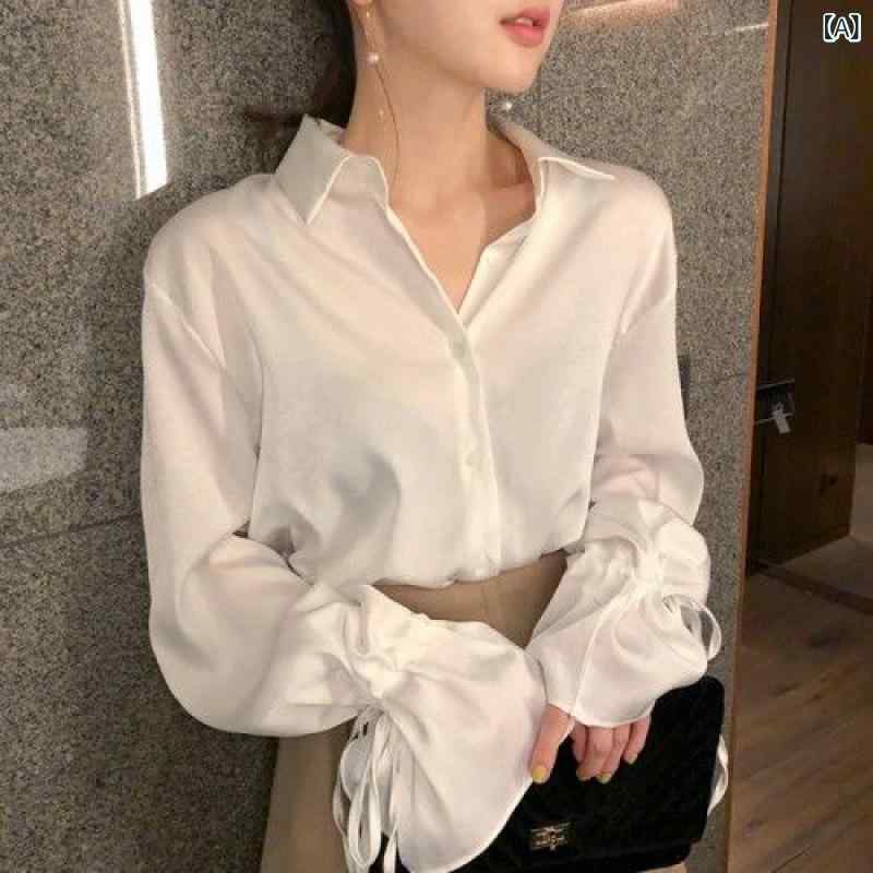 シャツ レディース 女性用 春夏 レトロ デザイン性 個性的 きれいめ 上品 ラッパ袖 ベルスリーブ ゆったり ビッグシルエット ポロ襟 シフォン ポリエステル 白 アイボリー 通勤 オフィス