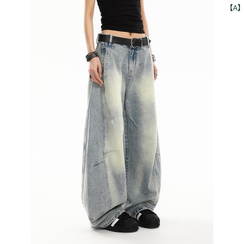 デニムパンツ レディース デザイン バナナシルエット ストレートワイド ハイウエスト コットン ウォッシュ加工 ライトブルー アメカジ ヴィンテージ ゆったり 春夏 ストリート(4.0)