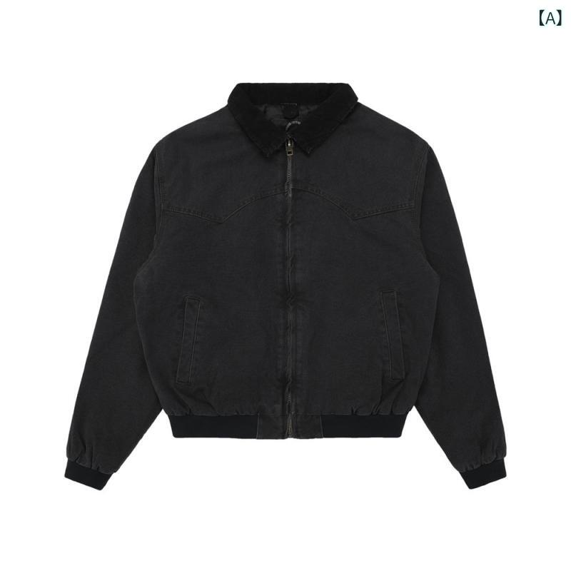 Other - ジャケット メンズ ウォッシュ加工 ユーズド加工 キャンバス コットン ワーク パンク 中綿入り 厚手 切り替え 襟付き ビッグシルエット ルーズフィット ミドル丈 カジュアル 耐久性 ブラック カーキ アウター 秋冬