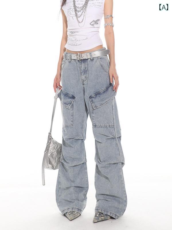 Cropped Pants - デニムパンツ ユニセックス アメカジ レトロ ヴィンテージ ウォッシュ加工 ユーズド加工 プリーツデザイン ルーズ ワイド フレア ハイウエスト コットン ブルー ストリート 秋冬