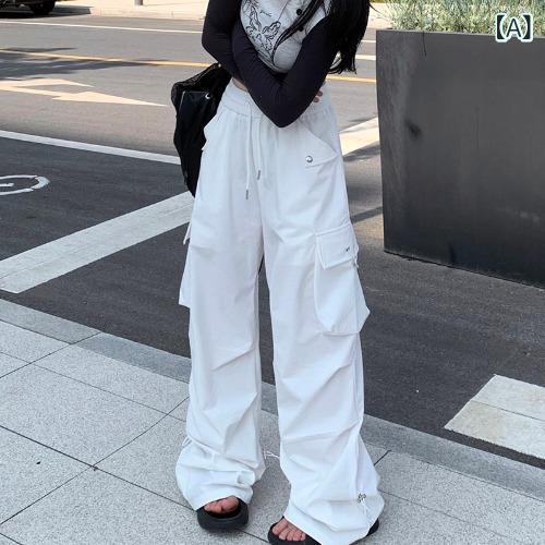 カジュアルパンツ レディース レトロ アメリカン カジュアル ワークテイスト ロング丈 ウエストゴム ゆったり ルーズ ワイドシルエット..
