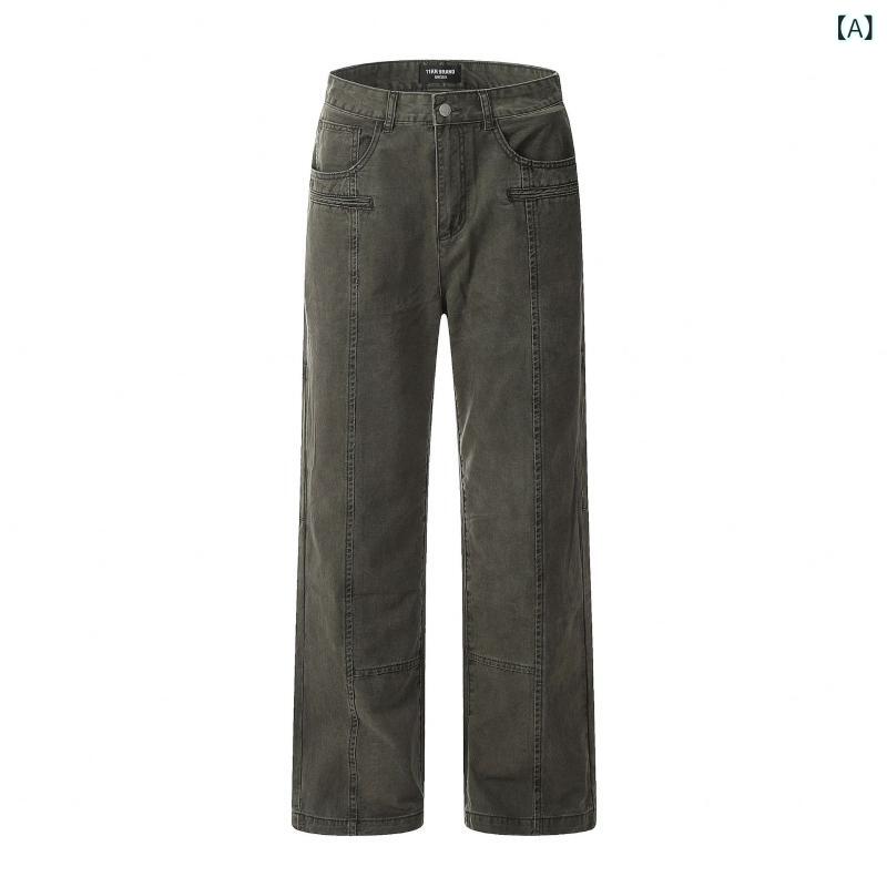 デニムパンツ 男女兼用 カップル ペア アメリカンストリート ワークテイスト 高級感 レトロ ウォッシュ加工 ヴィンテージ コットン ゆったり リラックス ストレート カジュアル 普段使い お洒落 グリーン グレー(4)