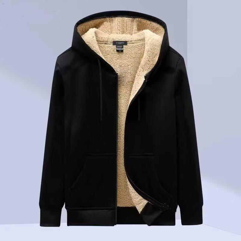 Jumper, Blouson - 中綿ジャケット メンズ 男性用 秋冬 厚手 裏ボア シープボア フード付き パーカー 防寒 保温 学生向け カジュアル トレンド ゆったり ルーズフィット 普段使い デイリーユース 黒 ブラック