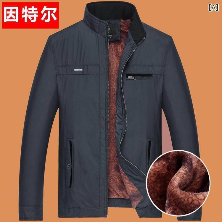 Rakuten - ジャケット メンズ 男性用 中高年 40代 50代 厚手 裏起毛 ボア 綿混紡 フードなし ジャストサイズ ブルゾン ジャンパー アウター 秋冬 カジュアル 普段着 ブラック ブルー
