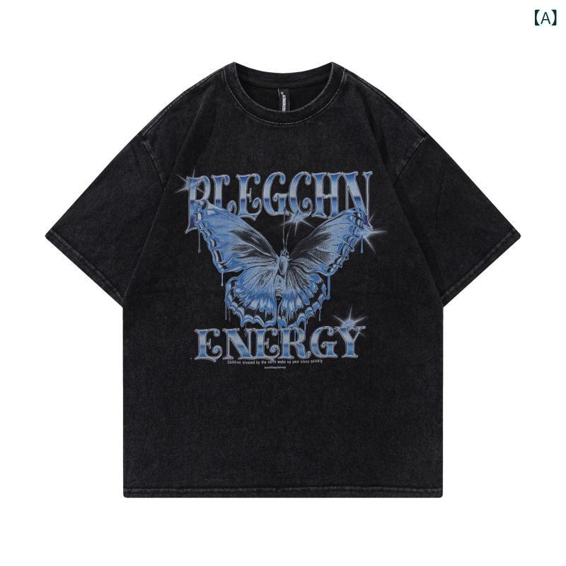 Rakuten - Tシャツ メンズ 半袖 肉厚 高級感 プリントデザイン トレンド ストリート 個性的 ウォッシュ加工 ブラック 夏 綿素材 ゆったり ルーズシルエット 吸湿速乾 トップス カットソー 普段使い