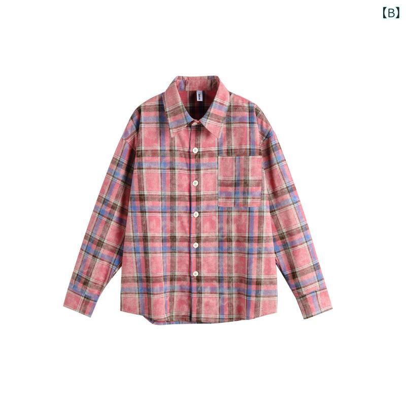 シャツ メンズ 男性用 長袖 先染め チェック柄 タイダイ ユーズド加工 アメリカン ストリート カジュアル トップス ゆったり ビッグシルエット 襟付き ポケット付き 綿混 ポリエステル 秋