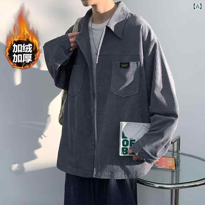 ・カテゴリ: ジャケット・スタイル: ストリートカジュアル・主な素材: ポリエステル・ネックライン: 襟付き・袖丈: 長袖・袖タイプ: レギュラー袖・柄: 無地・厚さ: 厚手・フィット: ルーズフィット・フロント: シングルボタン・着丈: レギュラー丈・着用方法: アウター・機能: 耐摩耗性・シーズン: オールシーズン・着用シーン: カジュアル・詳細: ボタン装飾・性別: メンズ・対象: ティーン・年齢層: 24～35歳・カラー展開: グレー（裏起毛）、ブラック（裏起毛）、カーキ（裏起毛）、グレー、ブラック、カーキ・サイズ展開: M、L、XL、2XL、3XL