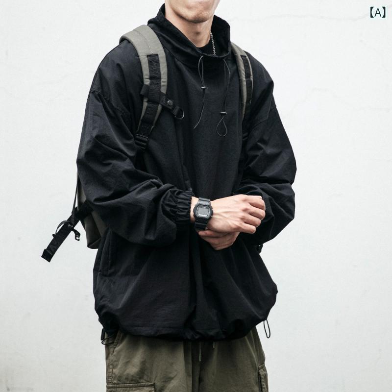 ジャケット メンズ 日系 レトロ ワーク ウォッシュ加工 フード付き ハーフジップ プルオーバー アノラック 春秋 ゆったり ルーズ オーバーサイズ カジュアル ポリエステル 長袖