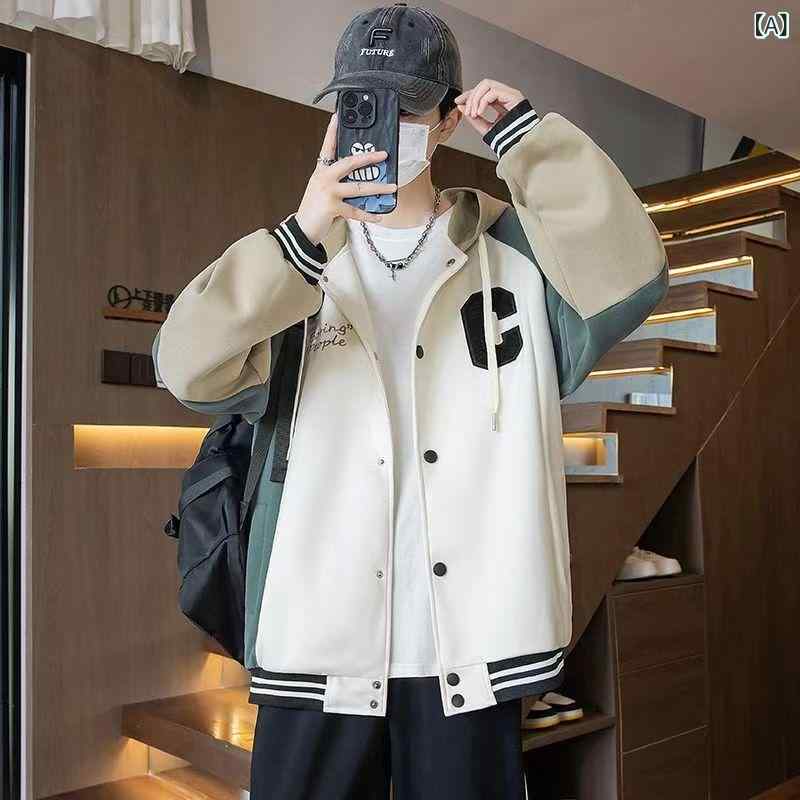 ジャケット メンズ フード付き ジップアップ パーカー スウェット スタジャン ブルゾン 春秋 学生 中学生 高校生 10代 カジュアル ゆったり ビッグシルエット 長袖 ポリエステル