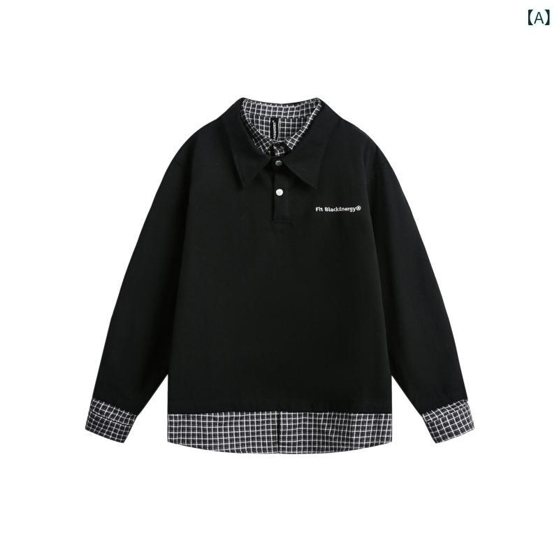 スウェット メンズ レディース ポロ襟 フェイクレイヤード チェック柄切り替え アメカジ アメリカンワーク レトロ ヴィンテージ 高級感 綿 コットン オーバーサイズ ルーズシルエット ブラック 黒 春秋 トレーナー アウター ジャケット