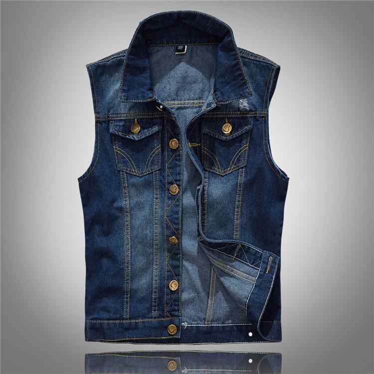 Vests - ベスト メンズ 男性用 デニム ジレ 袖なし 前開き シングルボタン 襟付き スリムフィット 細身 大きいサイズ ダメージ加工 破れた カジュアル トレンド 普段使い 春秋 綿 コットン