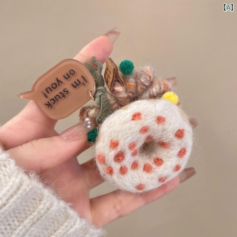 ヘアゴム レディース ヘアアクセサリー 髪留め 髪飾り フェルト 手作り 甜甜圈 ドーナツ型 電話線 伸縮 ゴム 太め 痛くない 跡がつかない 洗顔用 お風呂 かわいい 5色セット