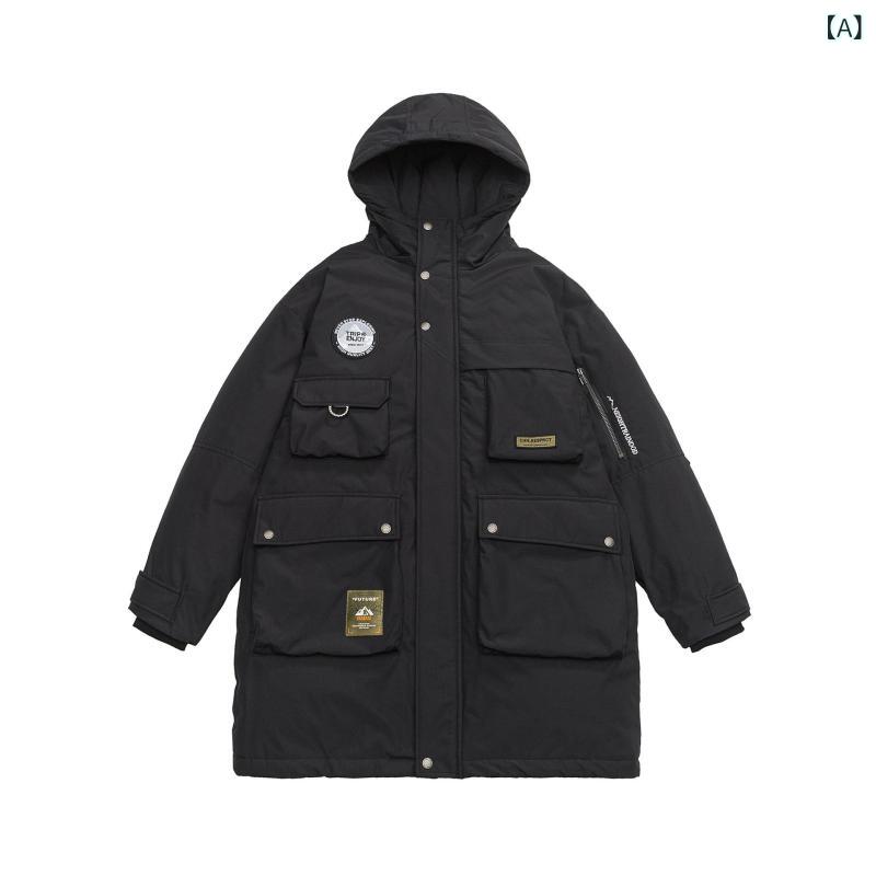 ・カテゴリ: ダウンジャケット・スタイル: ベーシック・テイスト: ストリート・フィット: ルーズ・着丈: ミドル丈 (65cm〜80cm)・フード: 付き・前開き: ジッパー・厚み: レギュラー・主な素材: ポリエステル・中綿: ホワイト...