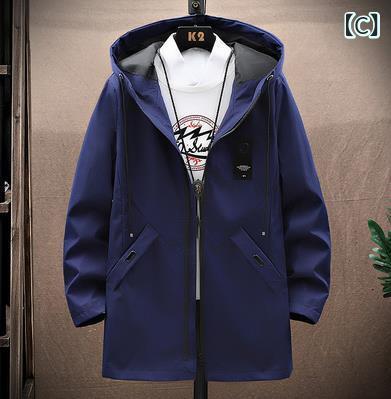 ジャケット メンズ 男性用 アウター 韓国風 フード付き ミドル丈 ジップアップ 春秋 ポリエステル 通気性 カジュアル 普段使い ストリート レギュラーフィット