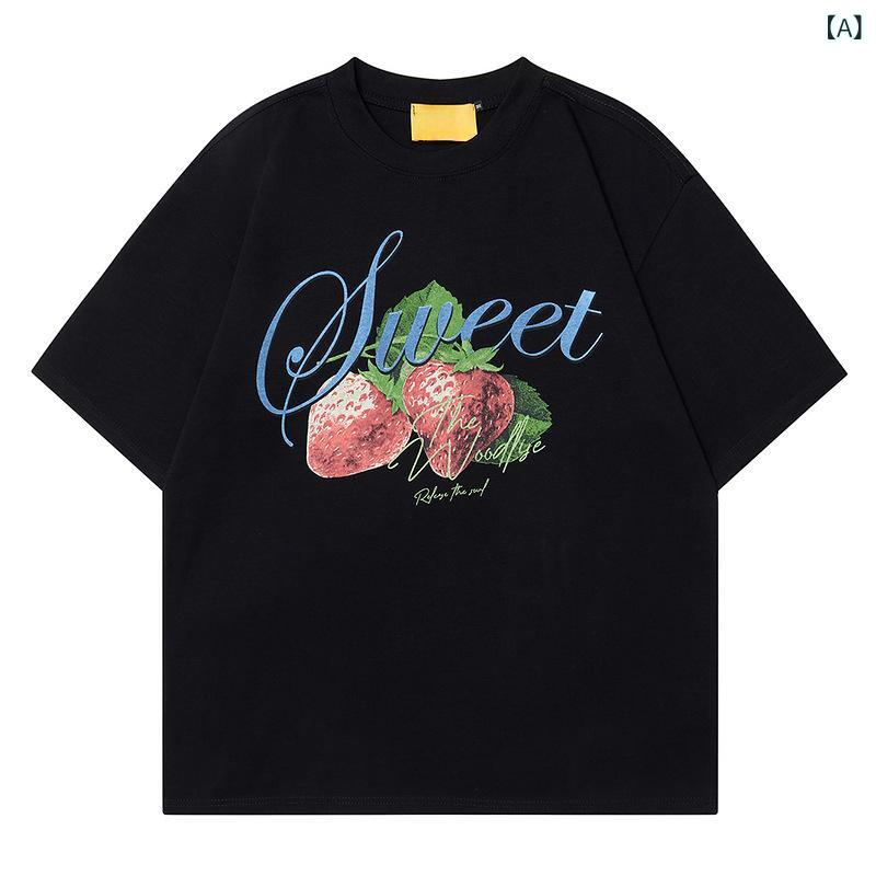 Tシャツ ユニセックス 男女兼用 イチゴ柄 ストロベリープリント ストリート アメカジ ビッグシルエット ルーズフィット ヘビーウェイト 厚手 綿 コットン 半袖 クルーネック 丸首 夏 サマー