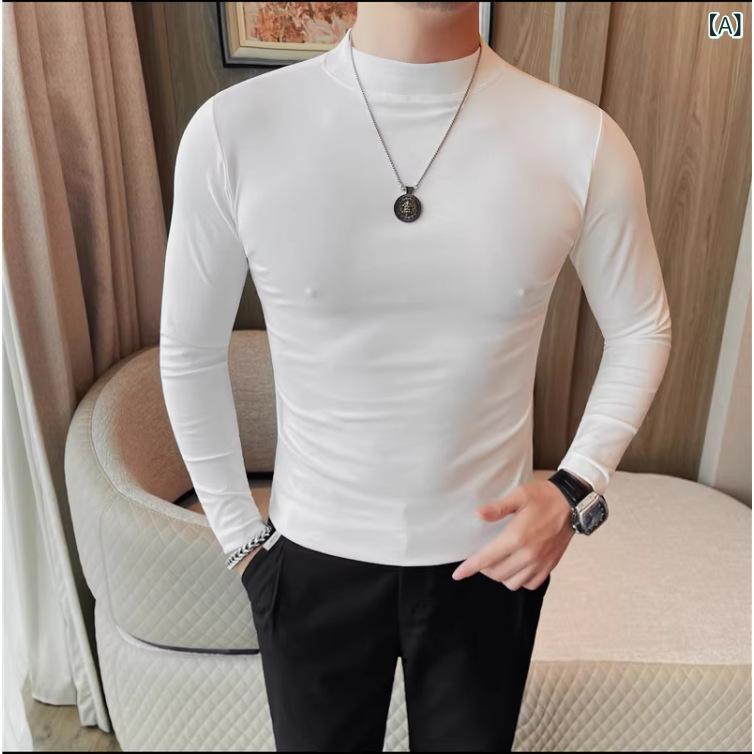 Tシャツ 男性用 長袖 カットソー インナー トップス 秋冬 韓国風 スリムフィット 無地 カジュアル 普段使い スタンドカラー 綿混 イージーケア 大人向け