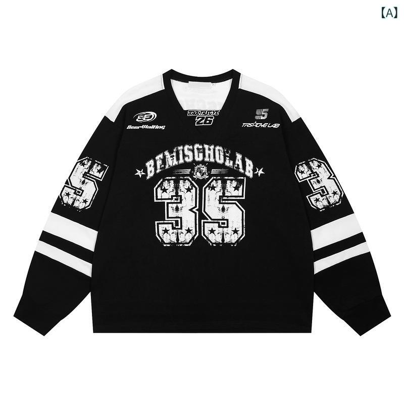 Rakuten - 長袖 Tシャツ メンズ 男性用 レトロ ストリート スポーツスタイル アルファベットプリント オーバーサイズ クルーネック コットン トップス 普段使い 秋冬 黒 白