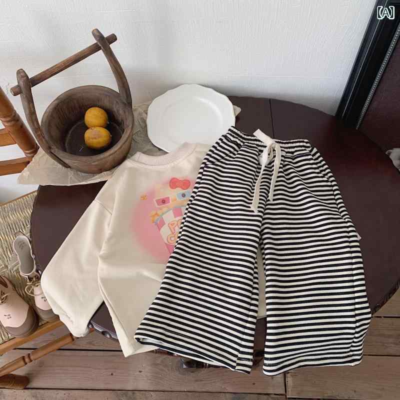 パンツ キッズ 女の子 春秋 韓国風 カジュアル ストライプ柄 ワイドパンツ ニット コットン ウエストゴ..