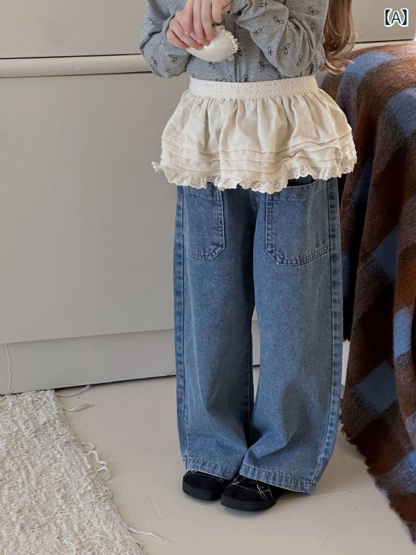 デニム 女の子 キッズ ベビー ワイドシルエット ロング丈 春秋 韓国風 綿 ビッグポケット ウエストゴム..