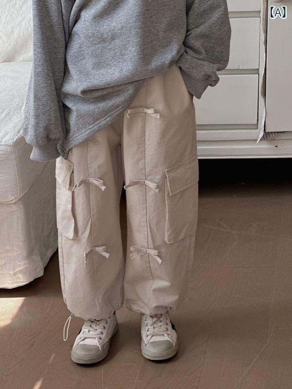 パンツ 女の子 キッズ ベビー 韓国風 綿 コットン リボン ビッグポケット カーゴパンツ ワークパンツ カジュアル ロングパンツ ボトムス 春秋 普段使い お出かけ おしゃれ