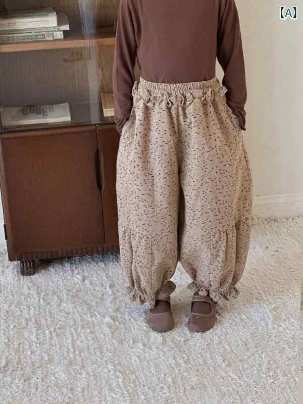 パンツ キッズ 女の子 春秋 韓国風 小花柄 フリル 起毛 コットン カジュアル サルエル 長ズボン ウエス..