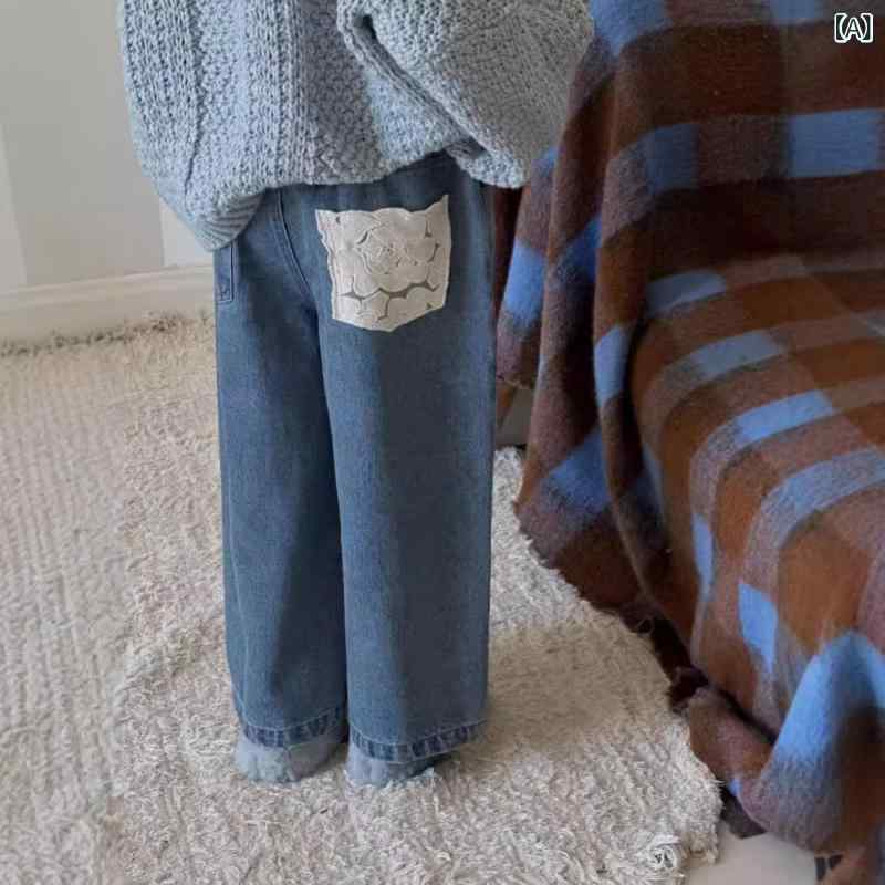 キッズ 女の子 デニムパンツ ジーンズ 春秋 韓国風 綿 無地 レースポケット カジュアル ストレート 普..