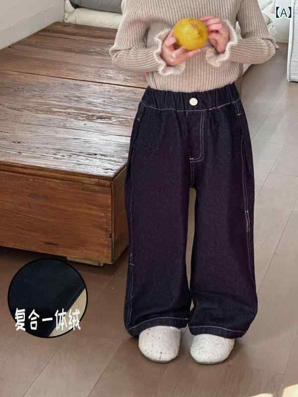 パンツ 女の子 キッズ 裏起毛 デニムパンツ ジーンズ 韓国風 カジュアル ストレート ルーズフィット ロ..