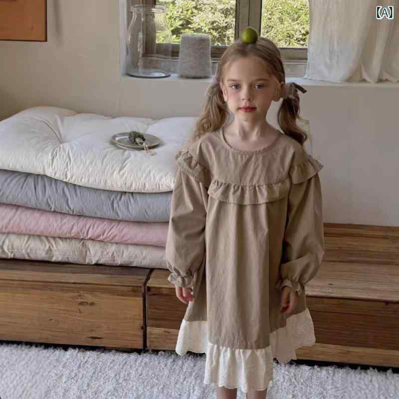 ワンピース 女の子 子供 ガールズ 春秋 韓国風 レース フリル プリンセスドレス 長袖 コットン 綿 カーキ お出かけ パーティー かわいい おしゃれ Aライン 普段着 発表会 誕生日 肌に優しい 無地 フレアスカート ソフト 柔らかい