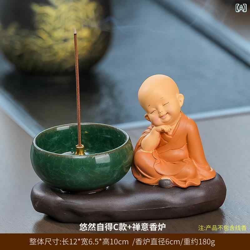香炉 禅意 小坊主 仏像 樹脂製 インテリア 置物 お香立て 線香 渦巻き型線香 両用 香皿 玄関 リビング ..