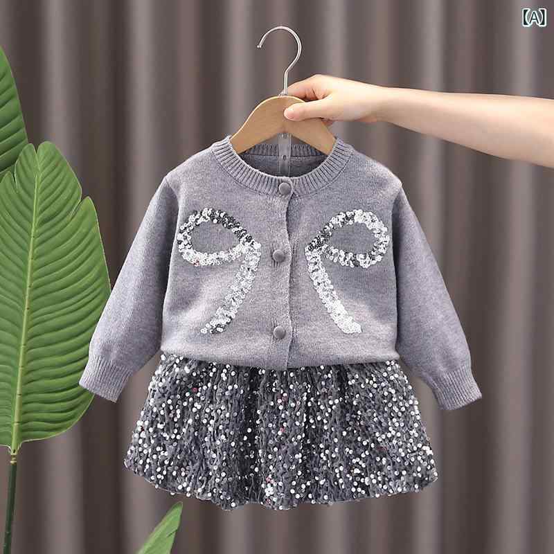 ニットセットアップ 女の子 キッズ ガールズ 幼児 秋冬 スパンコール リボン おしゃれ かわいい 華やか..