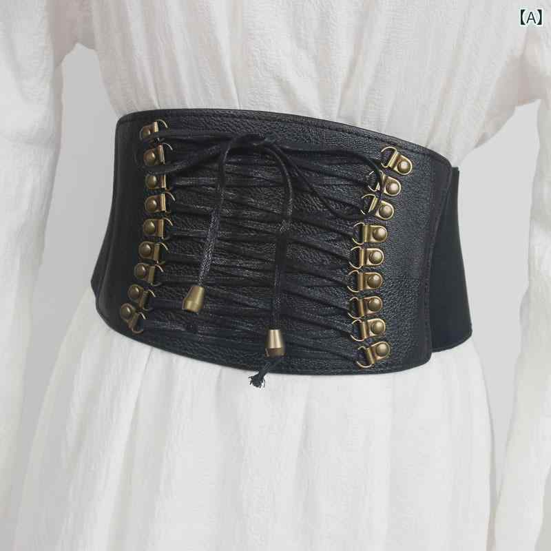 ウエストベルト レディース 古風 漢服風 スタッズ装飾 結び紐 幅広 フェイクレザー 合皮 伸縮性 コルセ..