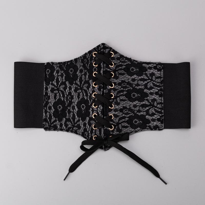 ベルト レディース ブラック バラ 花柄 レース ベルベット 伸縮性 ゴム 刺繍 ウエストマーク 幅広 コル..