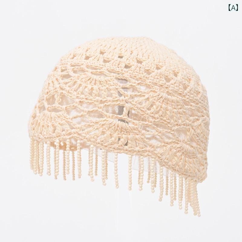 ニット帽 レディース 春夏 薄手 透かし編み 民族風 エスニック 手編み ハンドメイド フリンジ かわいい..