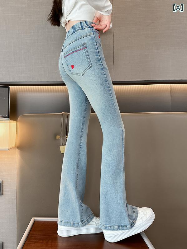 フレアパンツ ガールズ キッズ ジュニア デニム ジーンズ 綿混 コットン ベルボトム ミドルウエスト ウエストゴム おしゃれ かわいい トレンド ソフト加工 普段使い お出かけ 通学 春秋 ブルー