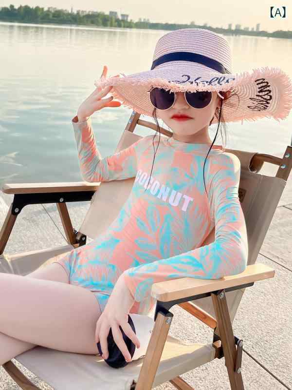 水着 ガールズ ジュニア 長袖 ワンピース スイムウェア オールインワン 日焼け防止 紫外線対策 UVカット 速乾 通気性 プリント柄 オレンジ 春夏 プール ビーチ 海水浴
